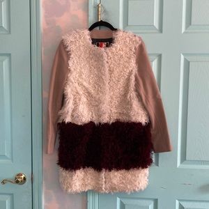 Tan, beige, and maroon color block MSGM shearling coat